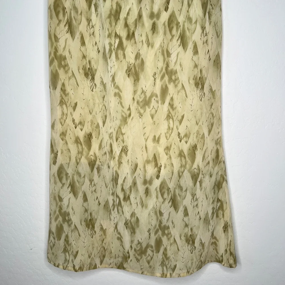 Kenzel Abstract Leaf Print Maxi Skirt Green Tan Lined Side Zip Womens 90s